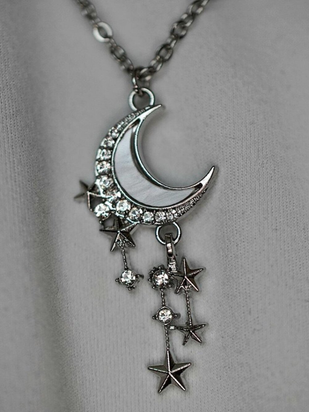 🌙Celestial-themed Crescent Moon & Shooting Stars Pendant Necklace Silver Chain⭐